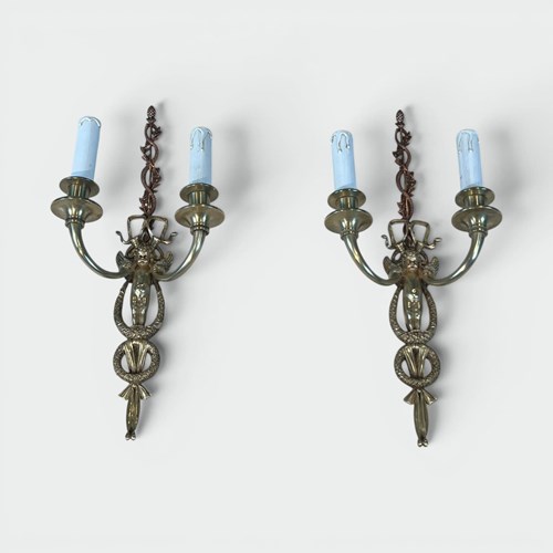 Pair Of Neoclassical Two-Light Brass Sconces With Winged Cherub, France 1950S