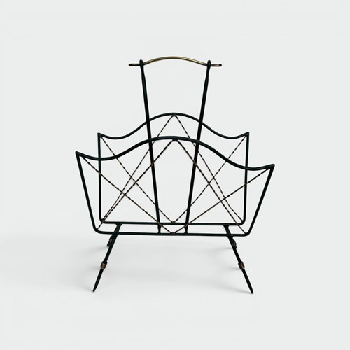 Magazine Rack In Green Lacquered Metal And Twisted Gilt Wire With A Brass Handle