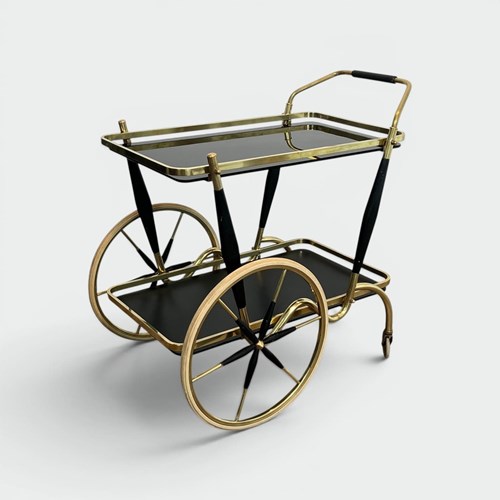 Brass And Black Glass Bar Cart With Large Spoked Wheels. Italian Work In The Sty