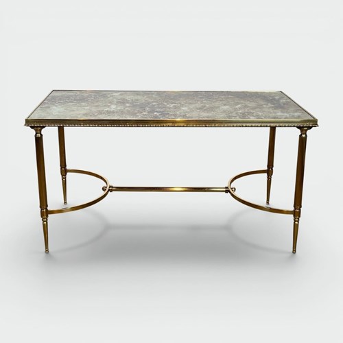 Rectangular Coffee Table In Brass With Beaded Gallery And Aged Mirror Top. Frenc