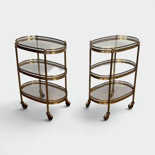 Pair Of Oval Brass Bar Carts With Three Tiers And Openwork Gallery. French Work 
