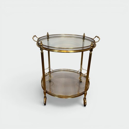 Round Brass Bar Cart With Openwork Gallery And Removable Top Tray