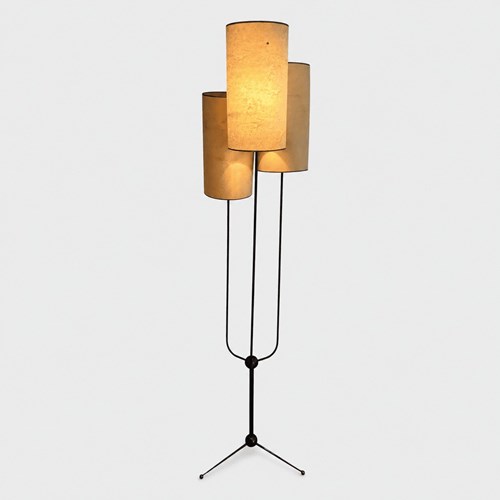 Tripod Floor Lamp In Wrought Iron With Three Tiered Lights. Jean Royère Style. F