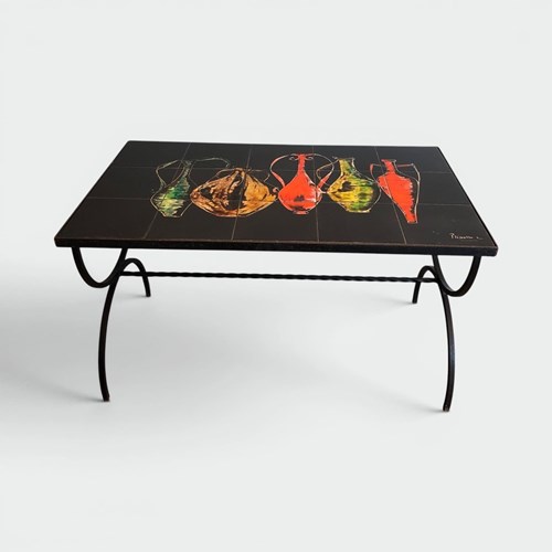 Wrought Iron Coffee Table With A Top Of Ceramic Tiles Depicting Polychrome Pitch