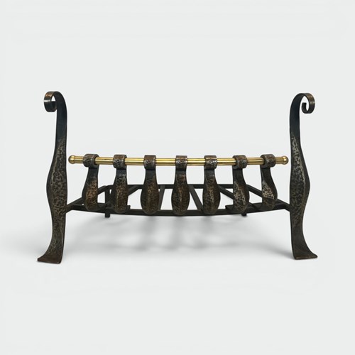 Hammered Wrought Iron Fire Grate With Volutes And Brass Crossbar