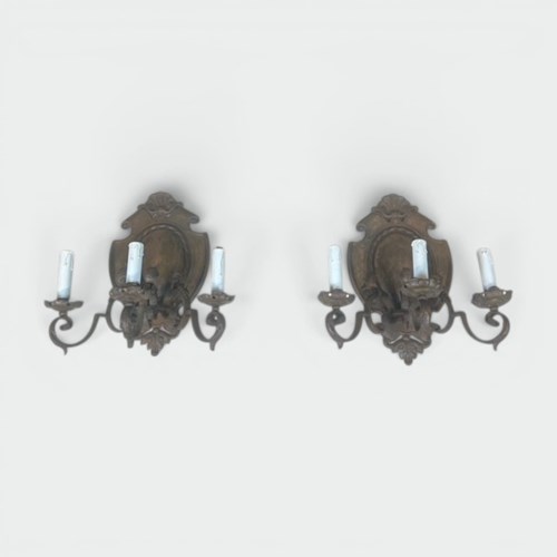 Pair Of Wrought Iron Three-Light Sconces With Escutcheon Backplate. Louis XV Sty