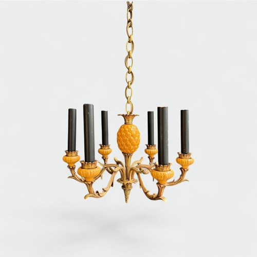 Yellow Enamelled Ceramic And Gilt Bronze Pineapple Chandelier With Six Lights