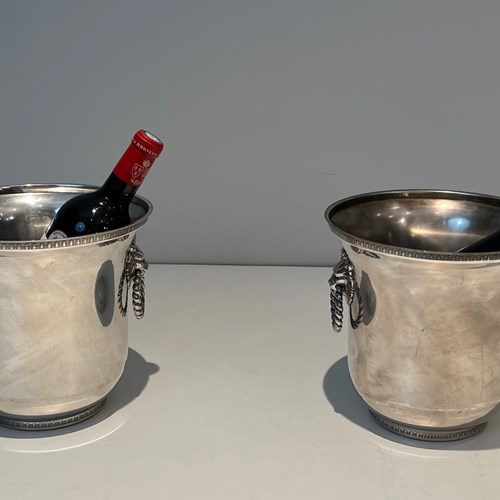 Pair Of Silver Plated Champagne Buckets Ornated On The Handles With Lion Faces. 