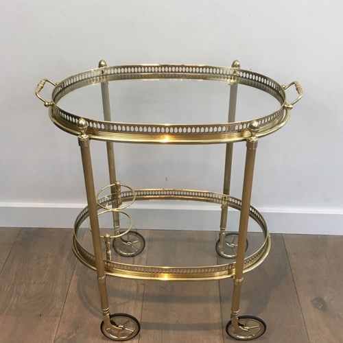 Small Oval Rolling Table In Neoclassical Style In Brass With Double Removable To