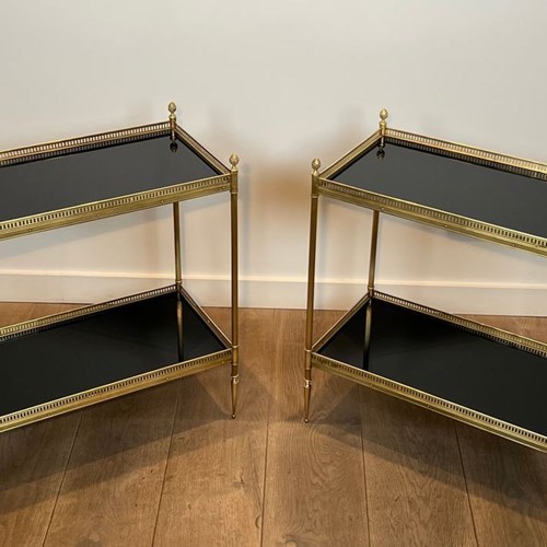 Pair Of Neoclassical Style Brass Side Tables With Black Lacquered Tops