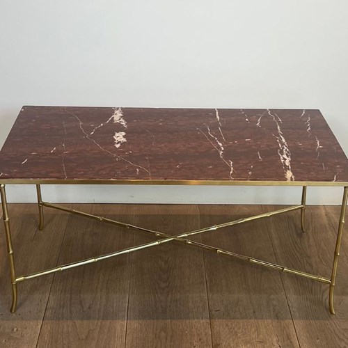 Faux-Bamboo Bronze Coffee Table With Red Marble Top