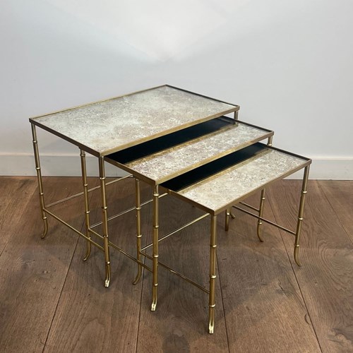 Faux-Bamboo Brass Nesting Tables With Eglomized Mirror Tops