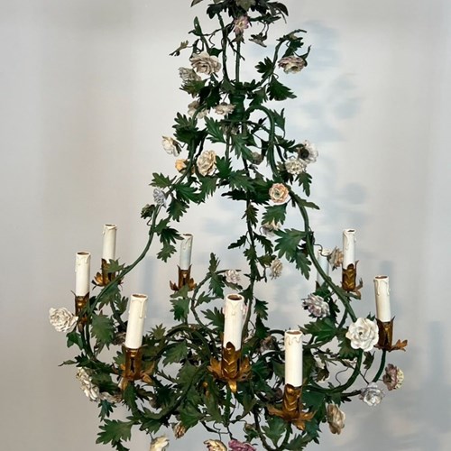 Important Basket Chandelier In Green Lacquered Metal Foliage And Meissen Porcela
