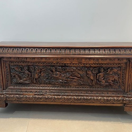 Large Richely Carved Walnut Cassonne Chest Resting On Four Claw Feet