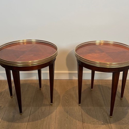 Pair Of Neoclassical Style Wood And Brass Bouillotte Tables, Round Side Tables O