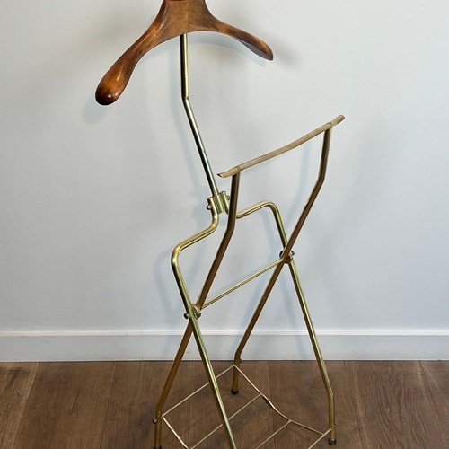 Neoclassical Style Folding Brass And Wood Valet With Tripode Base On Casters