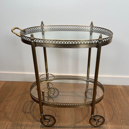 Neoclassical Style Oval Silvered Brass Drinks Trolley With Two Trays