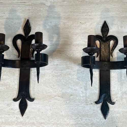 Large Pair Of "Fleurs De Lys" Wrought Iron Wall Lights With 2 Arms
