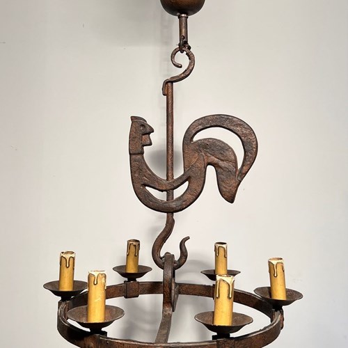 Chandelier With A Stylized Rooster In Wrought Iron