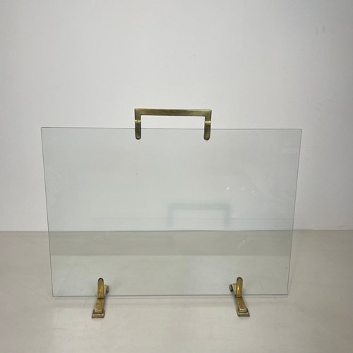 Glass And Brass Fireplace Screen With Brass Feet