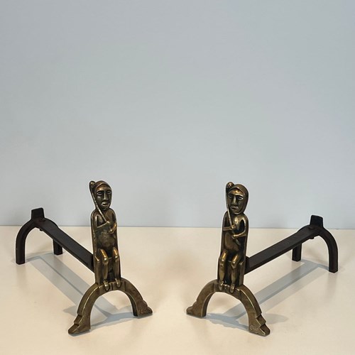Pair Of Bronze Andirons With Seated Shamans