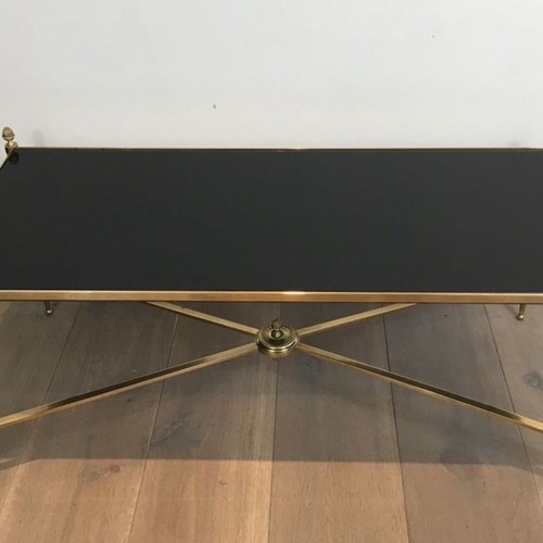 Neoclassical Style Brass Coffee Table With Black Lacquered Glass Top
