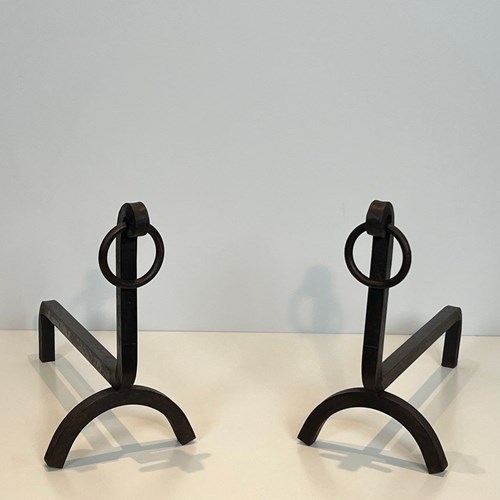 Pair Of Modernist Wrought Iron Andirons