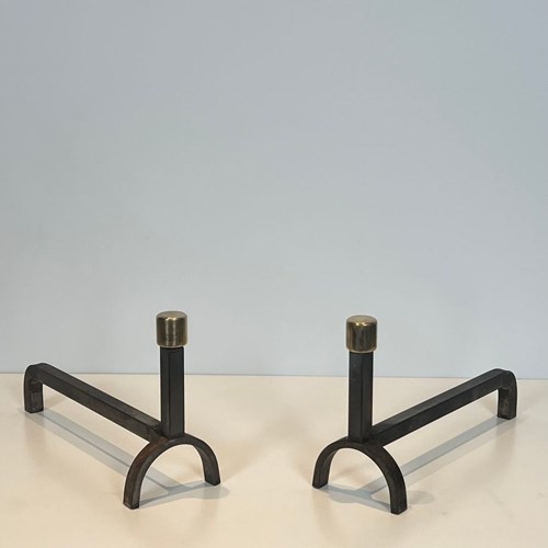 Pair Of Modernist Wrought Iron And Brass Andirons