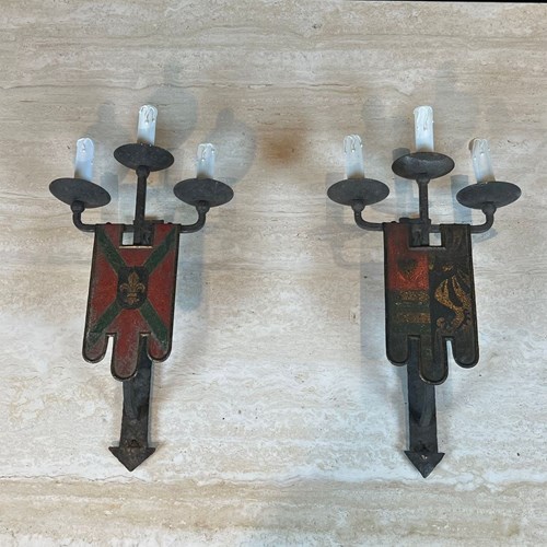 Large Pair Of Wrought Iron Wall Lights With 3 Arms Comprising Coat Of Arms In It
