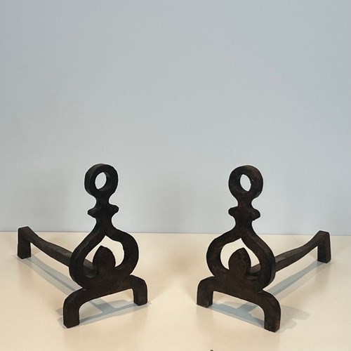 Pair Of Modernist Wrought Iron Andirons