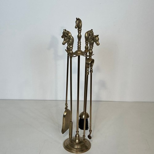 Neoclassical Style Brass Horse Heads Fireplace Tools