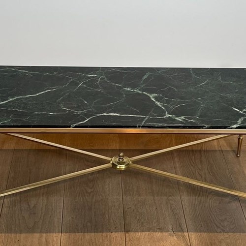 Neoclassical Style Brass Coffee Table With Green Marble Top