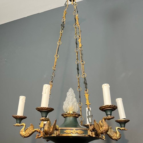 Empire Style Chandelier In Green Sheet Metal And Gilt Bronze, Decorated With Swa