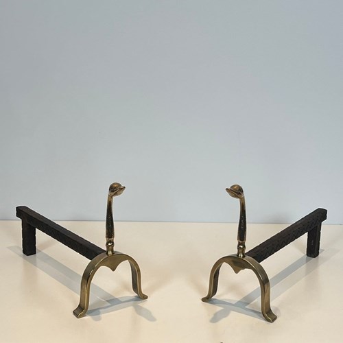 Pair Of Brass Ducks Andirons