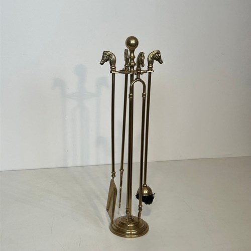 Neoclassical Style Brass Horseheads Fireplace Tools