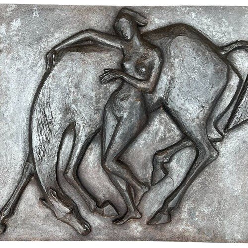 Large Cast Iron Fireback Representing A Nude Woman Caressing Her Horse