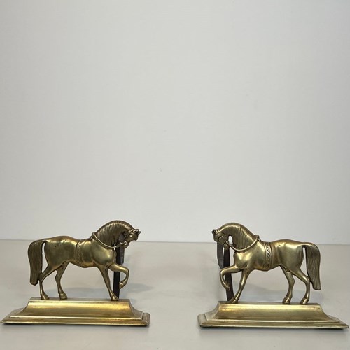 Pair Of Bronze Horses Andirons