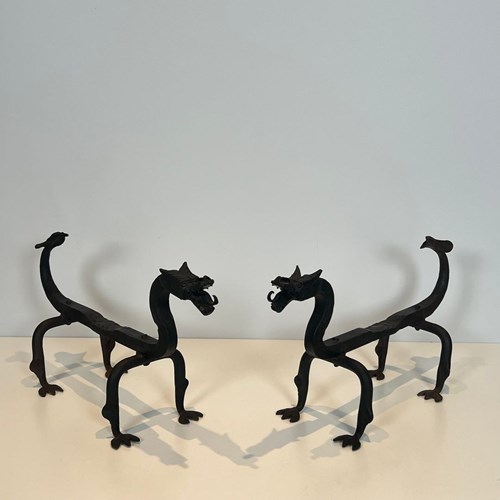 Pair Of Wrought Iron Dragon Andirons