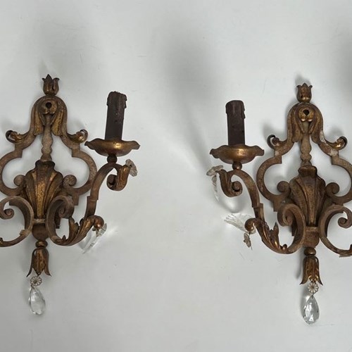 Pair Of Patinated Wrought Iron Wall Sconces With Gilded Acanthus Leaves And Crys