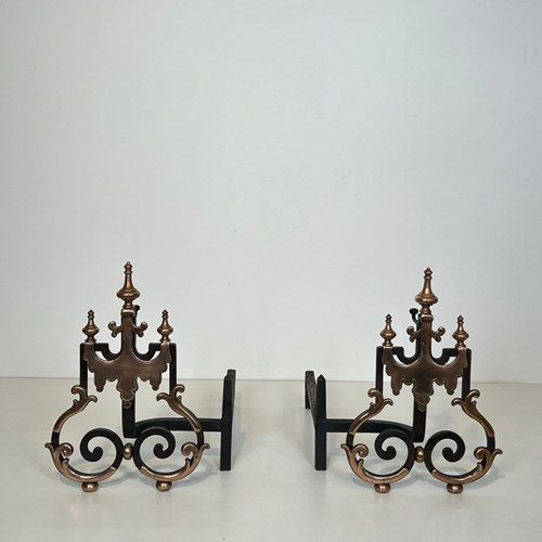 Large Pair Of Wrought Iron And Copper Andirons