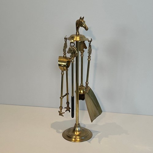 Neoclassical Style Brass Horse Heads Fireplace Tools