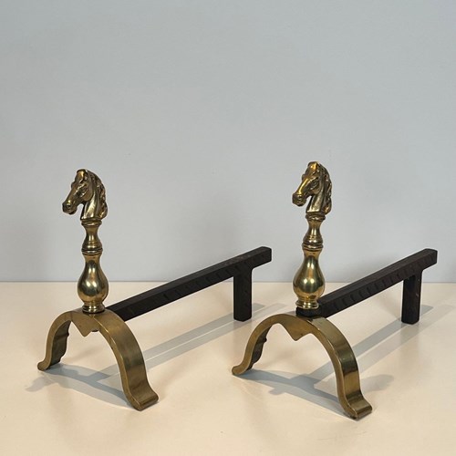Pair Of Brass Horses Andirons