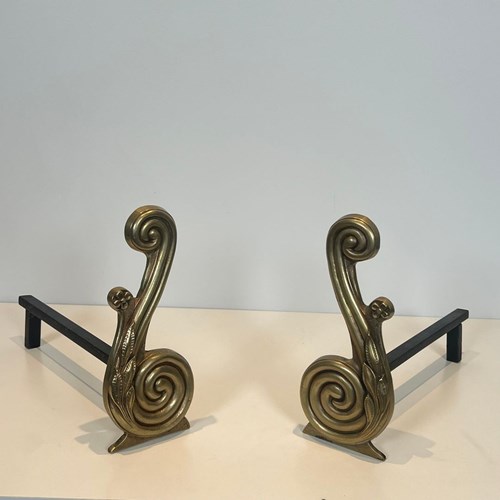 Pair Of Bronze And Wrought Iron Andirons