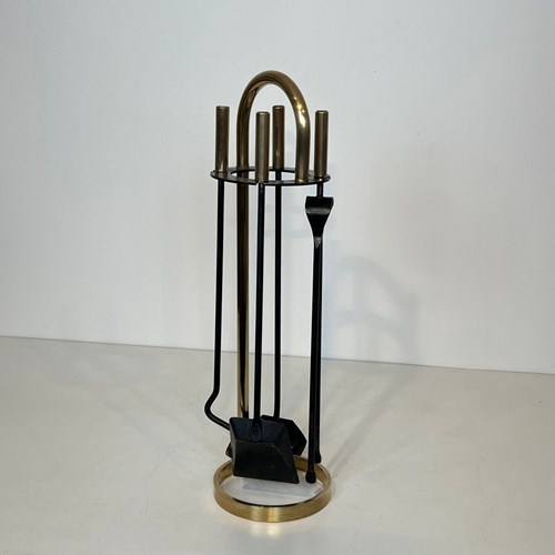 Black Lacquered And Brass Design Fireplace Tools On Stand