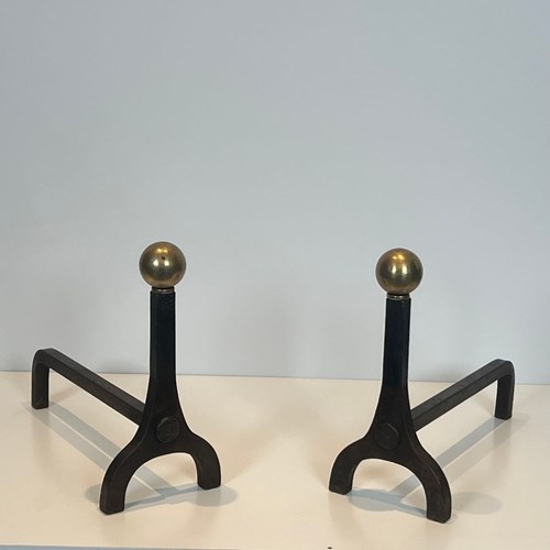 Pair Of Modernist Style, Iron And Brass Andirons