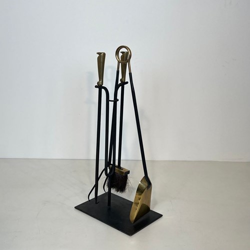 Black Lacquered And Brass Design Fireplace Tools On Stand