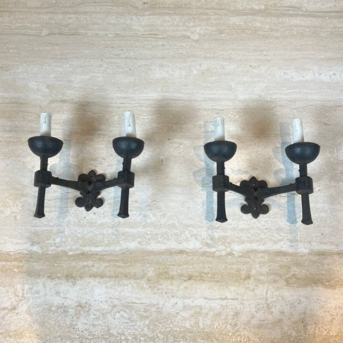 Pair Of Wrought Iron Wall Lights With 2 Arms