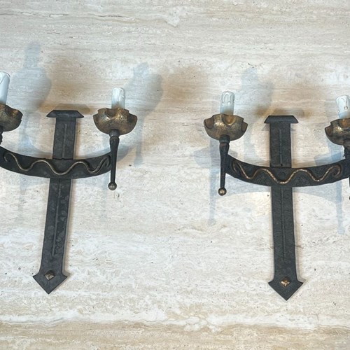 Pair Of Wrought Iron Wall Lights With Coat Of Arms And 2 Light Arms