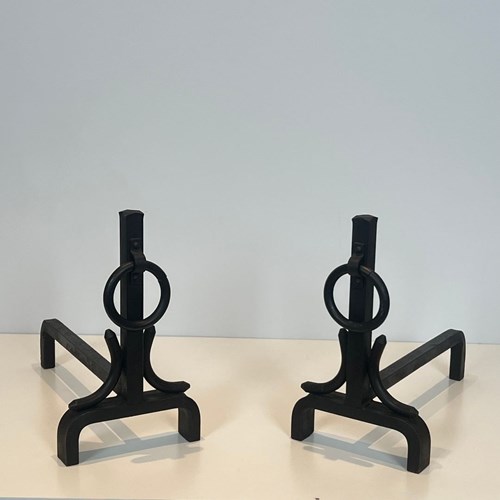 Pair Of Modernist Wrought Iron Andirons