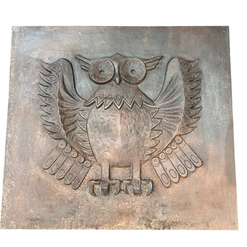 Large Modernist Cast Iron Fireback Showing An Owl